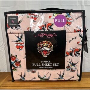 Ed Hardy 6-Piece Full Size Sheet Set Pink Tattoo Flash NEW